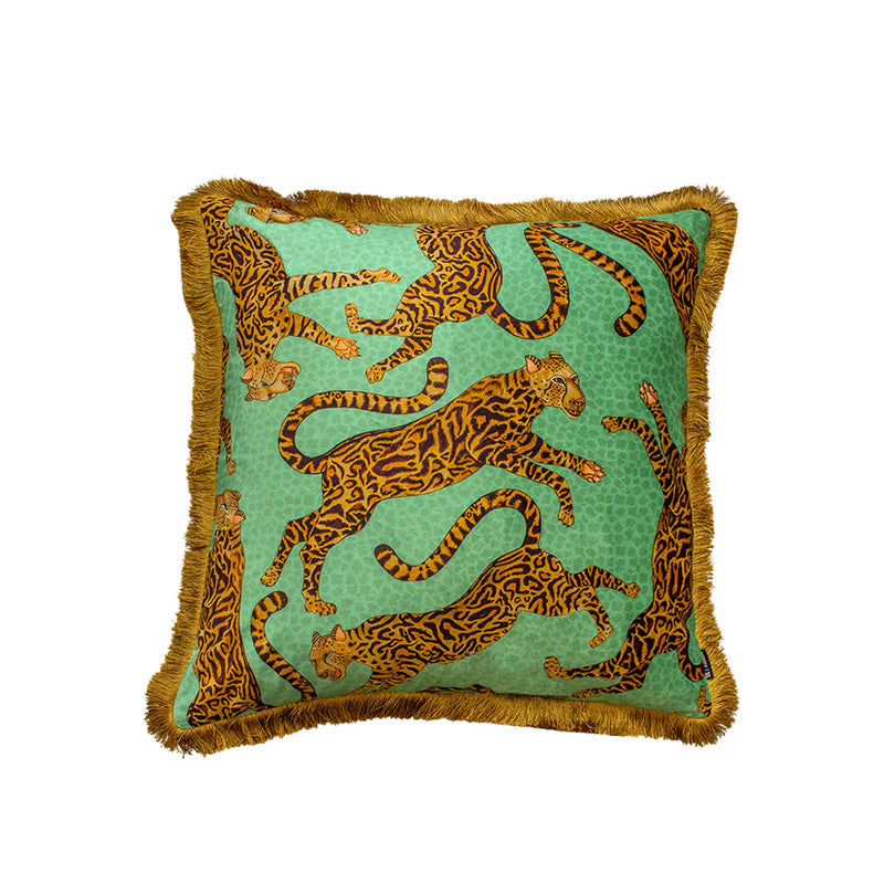 Cushion Cover Cheetah King With Fringes Jade Velvet