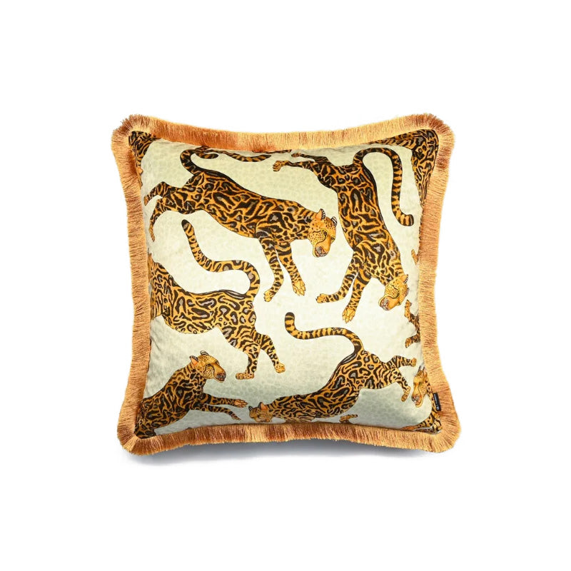 Cushion Cover Cheetah King With Fringes Stone Velvet